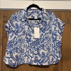 NWT Caroline Constas Linen blend Floral Cropped  Blouse Top Womens XL beach